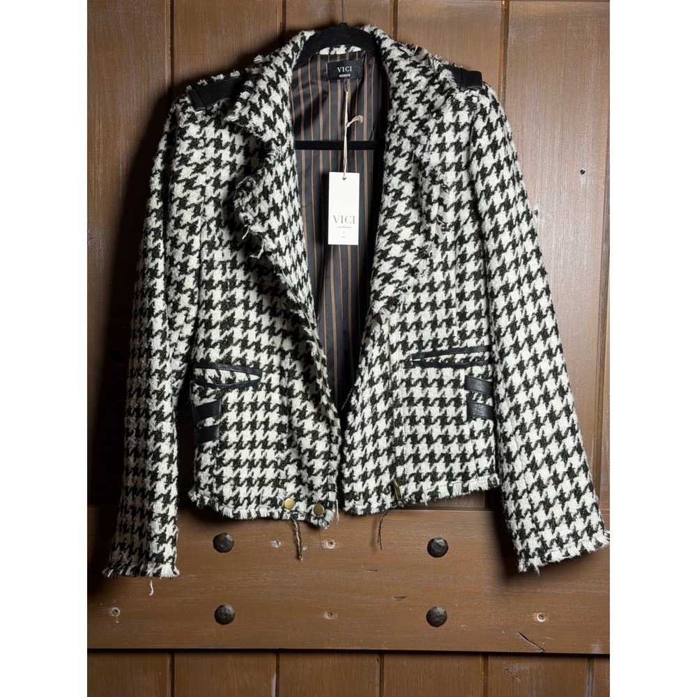 VICI Exclusive x Fate Houndstooth Tweed Moto Jacket Black White Gold Medium NWT